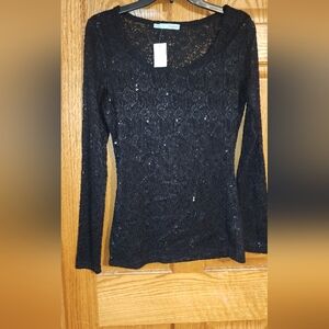 New Maurices Sheer Lace Long Sleeve Sequin Glittery Black Shirt Size Small